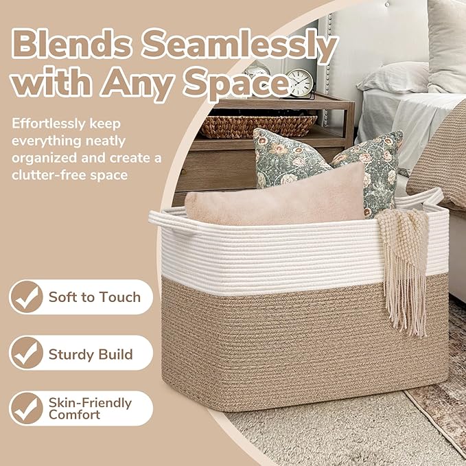 Goodpick 105L Extra Large Woven Rope Blanket Basket, White & Light Brown | 25'' x 16'' x 16'' Storage Basket for Blankets, Toys & Pillows, Living Room & Bedroom Organization, Reinforced Handles