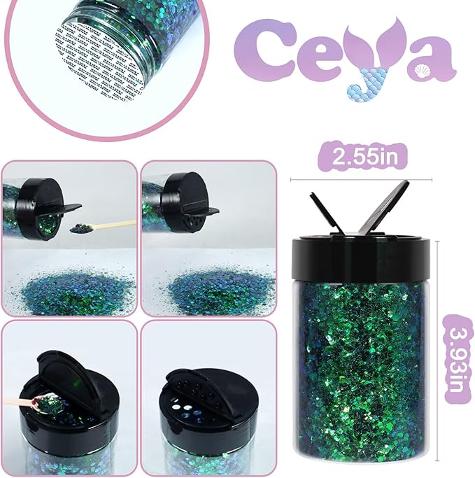 Ceya Chunky Glitter, 4.9oz/ 140g Emerald Green Craft Glitter Powder Mixed Fine Flakes Iridescent Nail Sequins for Nail Art, Hair, Epoxy Resin, Tumblers, Slime, Painting, Festival Decor