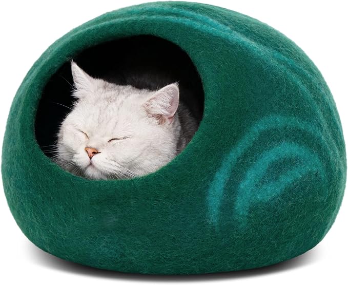 Cat Cave - Merino Wool Bed for Indoor Cats (Emerald, Large) | Cat Bed Enclosure, Premium Felt, Handmade, Super Soft, Lightweight, Breathable, Adjustable Shape