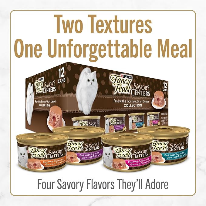 Fancy Feast Purina Savory Centers Wet Cat Food, 3 oz. Cans, 24-Pack | Variety pack with chicken, salmon, beef and tuna pate recipes, 100 percent complete and balanced nutrition
