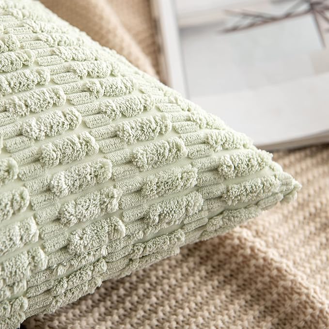 MIULEE Corduroy Decorative Throw Pillow Covers 20x20 Light Green Pack of 2 | Soft Boho Striped Pillow Covers Modern Farmhouse Home Decor For Sofa Living Room Couch Bed
