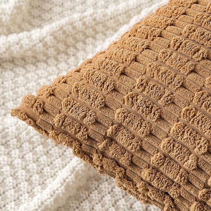 MIULEE Corduroy Decorative Throw Pillow Covers 16x16 Brown Pack of 2 | Soft Boho Striped Pillow Covers Modern Farmhouse Fall Home Decor For Sofa Living Room Couch Bed