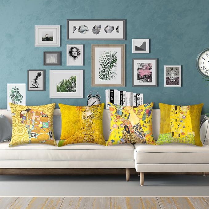 Klimt Art Pillow Covers 18x18 inch Set of 4 Famous Painting The Kiss by Gustav Klimt Cushion Covers Yellow Modern Decorative Pillow Cases for Sofa Couch Bed Office