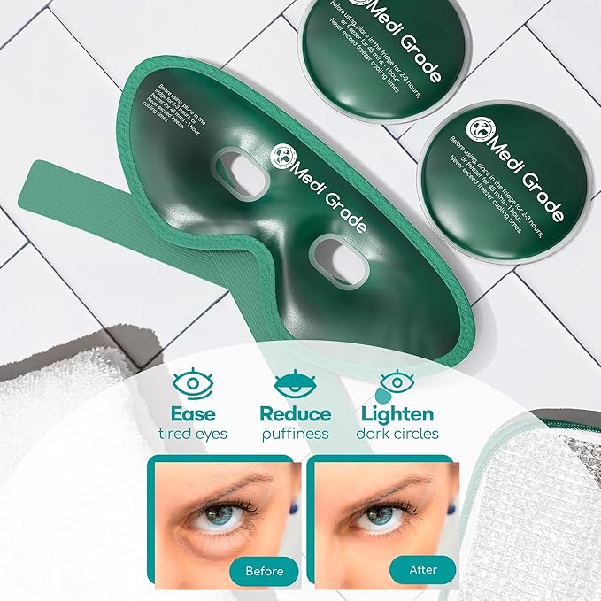 Medi Grade Cooling Gel Eye Mask for Puffy Eyes – Reusable Gel Eye Mask and Cooling Eye Pads with Thermo-Bag for Dark Circles and Morning/Night Skincare Routine – Reversible Cold Eye Mask