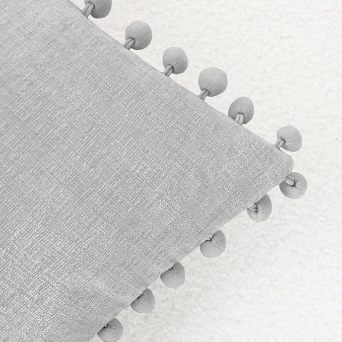 CaliTime Decorative Couch Throw Pillow Covers 20 X 12 Inches Moonbeam Gray | Pack of 2, Cozy Chenille Cushion Cases, with Pom Poms for Sofa Bed Living Room Farmhouse Home