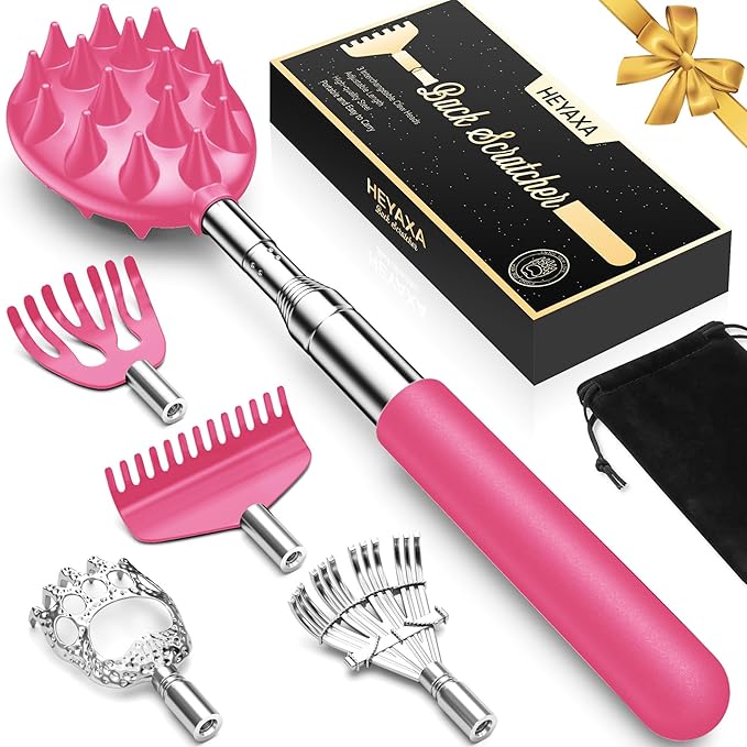 Upgraded Reinforced Telescoping Back Scratcher with 5 Detachable Heads, Larger Scratching Tips, Stocking Stuffer & White Elephant Gifts for for Men Women Adults