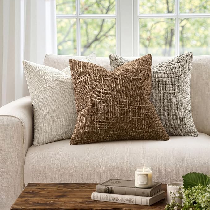 MIULEE Chenille Textured Fall Throw Pillow Covers Toffee 20x20 Set of 2 | Slubby Decorative Pillows, Boho Farmhouse Rustic Home Decor, Modern Neutral Cushion Covers for Couch Sofa Bed Living Room
