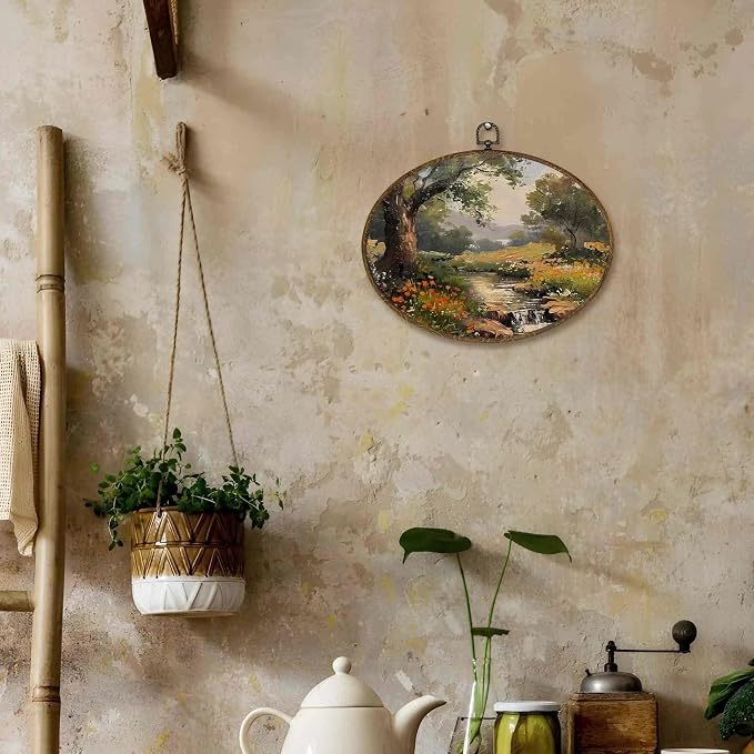 LKETW Vintage Rustic Cottagecore Oval Wall Art Decor, Farmhouse Cottage Oval Canvas Hanging Decor, Country Floral Botanical Landscape Wall Decorations for Home Bedroom Living Room, 11.4x8.6 Inch