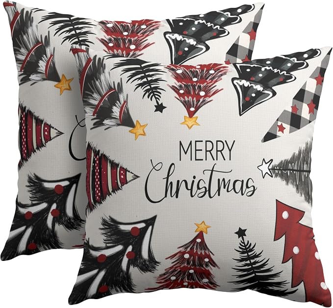 Kawani Merry Christmas Throw Pillow Covers 18x18 Inches, 2 PCS Red Black Buffalo Plaid Xmas Pine Trees Cotton Linen Square Pillowcase Cushion Case for Bed Couch Winter Holiday Home Decor