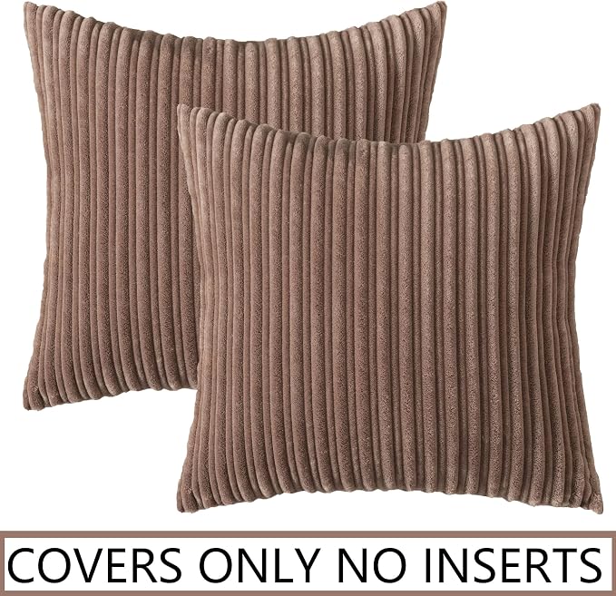 UGASA Soft Velvet Stripe Decorative Pillow Covers Set of 2 Solid Corduroy Textured Euro Cushion Cases for Couch Bedroom Sofa Farmhouse, 18x18 Inch, Light Brown