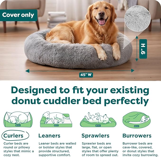 FurHaven Replacement Dog Bed Cover, Long Faux Fur for Calming Cuddlers, Machine Washable, Customizable Filling, Jumbo XL, Faux Fur, Misty Gray