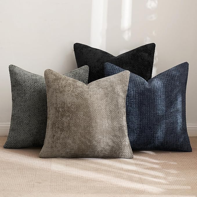 MIULEE Soft Decorative Chenille Pillow Covers Navy Grey 18x18 Pack of 4 | Modern Home Decor, Gray to Navy Set, Couch Throw Pillows, Farmhouse Boho Cushion Covers for Sofa Bed Living Room