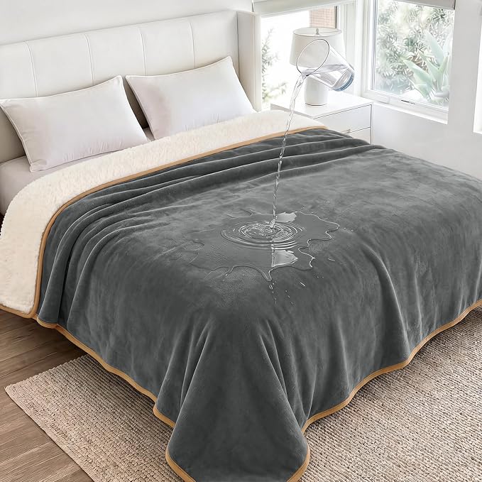 Luciphia Waterproof Pet Blanket, Washable Reversible Sherpa Fleece Throw | Liquid-proof furniture protector for bed and couch, soft reversible sherpa fleece for dogs, cats grey, QUEEN
