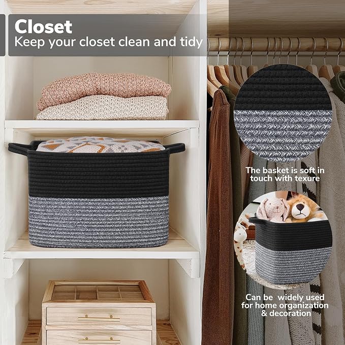Goodpick Woven Storage Basket for Shelves, 13" x 10" x 9", Black & Gray | Decorative Gift Basket for Nursery & Bedroom, Cotton Rope Baskets for Toys, Books & Daily Essentials, Rectangle Design