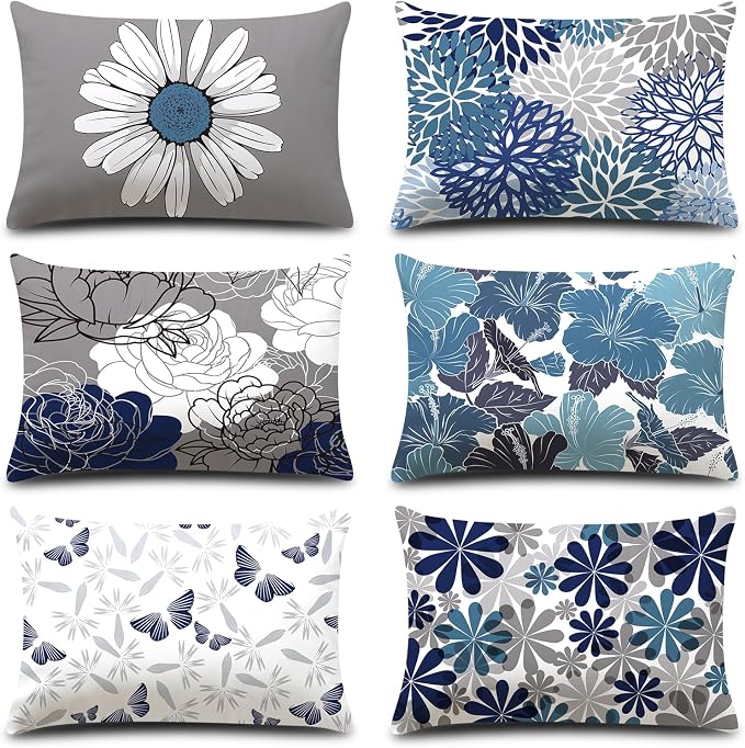 COMMINY Blue Grey Lumbar Pillow Covers 12x20 Set 6 Linen Throw Cover | Daisy Dhalia Pattern, Lumbar Pillow Size, Breathable Linen, hidden zipper, Bed Bench Office Chair, modern farmhouse decor