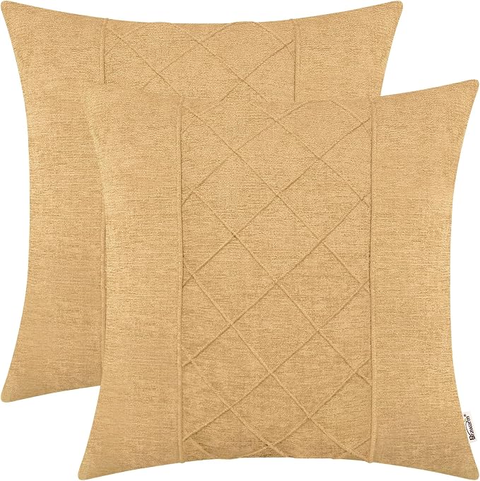 BRAWARM Chenille Throw Pillow Covers 22x22 Inches, Gold, 2 Pack | Decorative Pleated Pillow Covers, Soft Cushion Cases for Sofa Bed Living Room Home Farmhouse (No Insert)