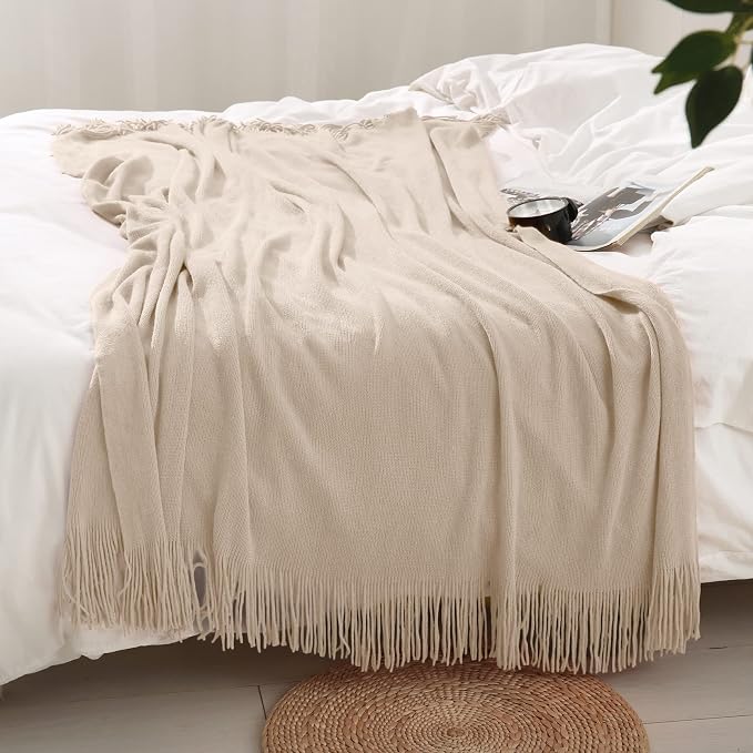Homiest Taupe Knitted Throw Blanket with Fringe, 50x60 Inch | Pure Acrylic, Lightweight & Breathable, All-Season Use, Machine Washable, Wrinkle & Fade Resistant, for Couch Sofa And Bed