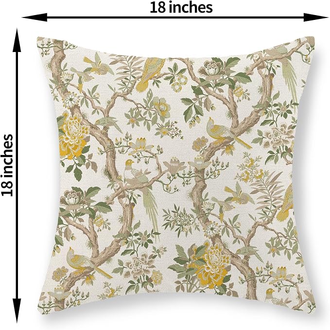 Yellow Green Floral Bird Pillow Covers 18x18 Set of 2 Chinoiserie Throw Pillows Vintage Flowers Bird Decorative Pillow Cases Outdoor Chinoiserie Decor Farmhouse Cushion Case for Couch Sofa