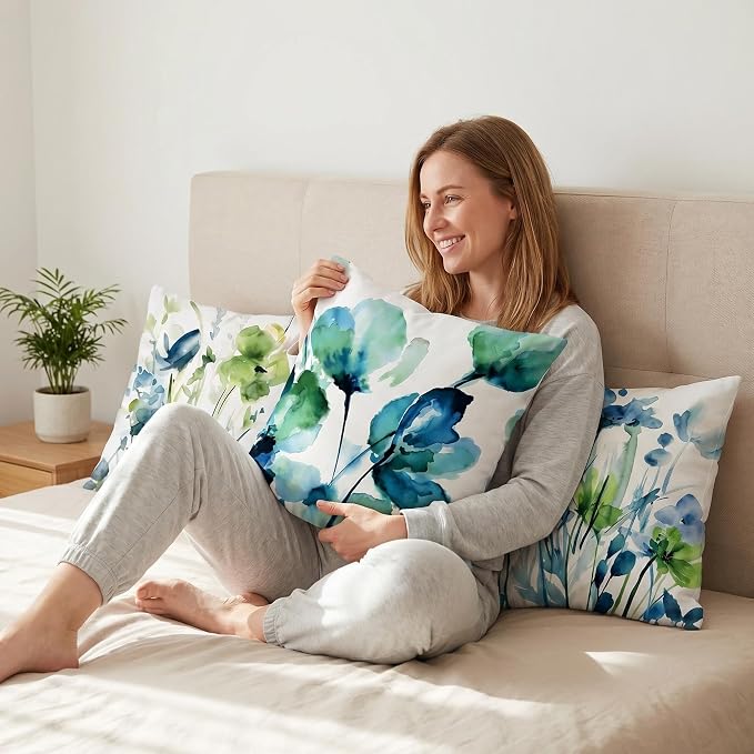 COMMINY Blue Green Linen Pillow Covers 18x18 Set 6 Floral Throw Cover | Decorative Farmhouse Flower, Breathable Linen, Standard Throw Pillow Size, Bedroom Accent Couch Sofa, Summer Decor