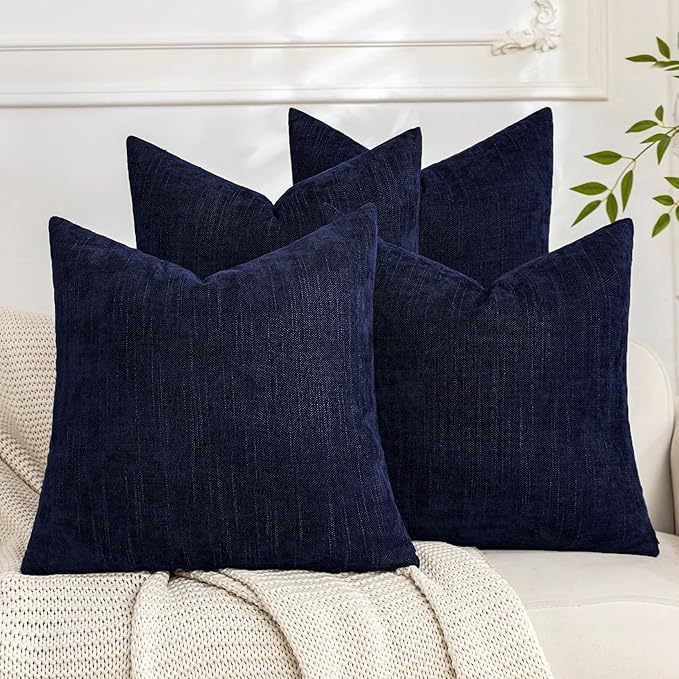 Set of 4 Soft Textured Decorative Throw Pillow Covers 24x24 Inch Cozy Farmhouse Cushion Cover Square Accent Pillow Cases for Bed Couch Sofa Living Room, Navy Blue