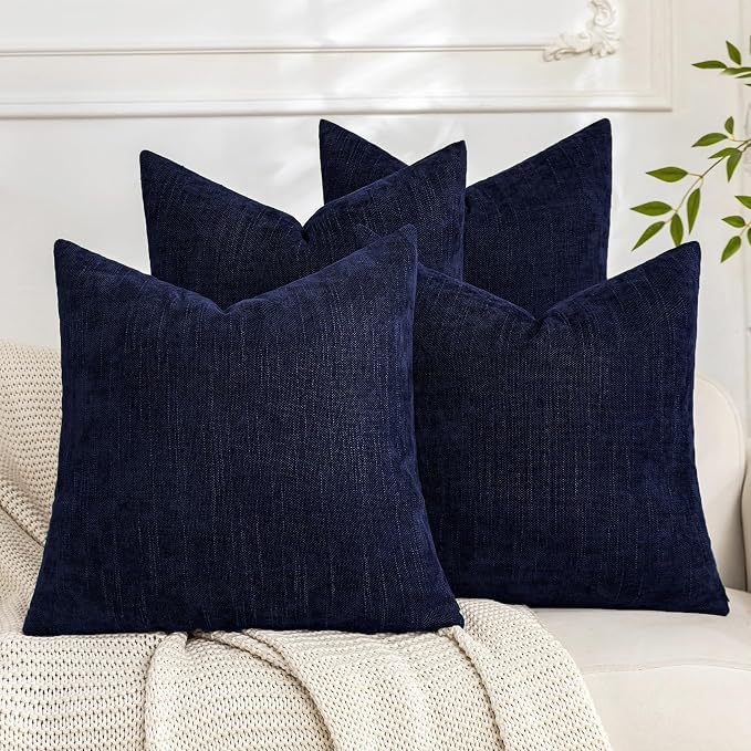 Set of 4 Soft Textured Decorative Throw Pillow Covers 22x22 Inch Cozy Farmhouse Cushion Cover Square Accent Pillow Cases for Bed Couch Sofa Living Room, Navy Blue