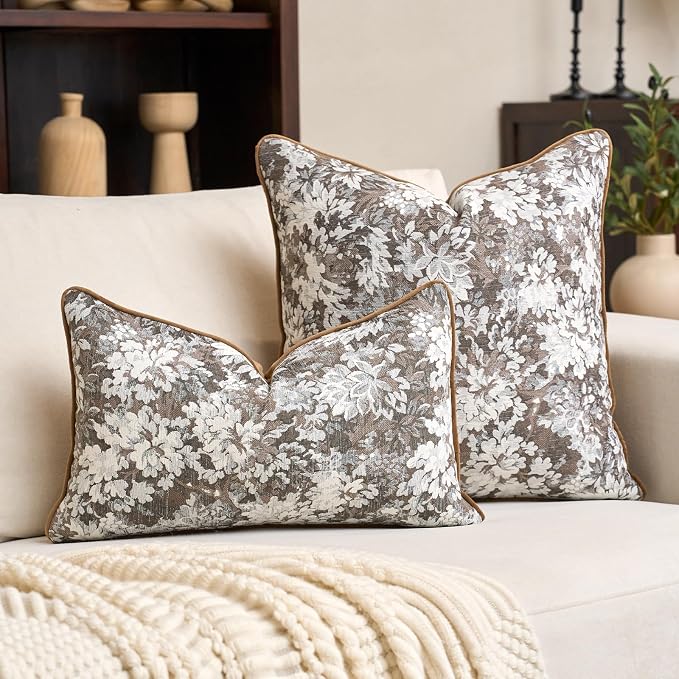 Alerfa Brown Neutral Floral Pillow Cover 12 x 20 Inch, Vintage Chenille Rectangle Couch Pillow Cover Soft Decorative Farmhouse Accent Pillowcase for Living Room Bedroom