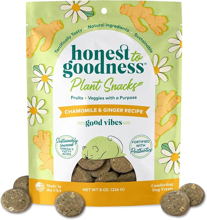 Honest to Goodness Plant Snacks Chamomile & Ginger Dog Treats, 8 oz | Crunchy, Plant-Based, Good Vibes Comforting Support, Enriched with Omega 3 Fatty Acids, Fortified with Postbiotics, USA Made