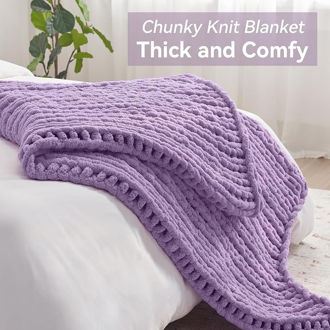 Negwoo Chunky Knit Throw Blanket, Knitted Throw Chenille Yarn, 40"*50" | Soft Thick Cable Knitted Blankets, Handmade Big Thick Blanket,Machine Washable Cute Comfy Blanket for Home Decor,Light purple