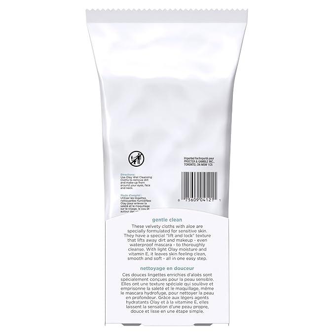 OLAY Wet Cleansing Cloths Gentle Clean, Sensitive/Fragrance-Free 30 Ea (Pack of 12)