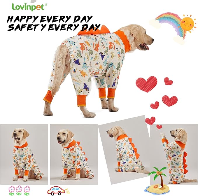 LovinPet Large Dog Pajamas, Anti Licking, Recovery Suit, Lightweight Jurassic Knit, UV for Large Dogs/L