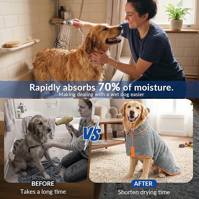Bienbee Dog Bathrobe, Super Absorbent for Small to Large Dogs, Grey 2XL | Dog Robes with Soft Fleece, Warm & Cozy, Adjustable Fit, and Quick Drying Coat for Baths Swimming and Grooming