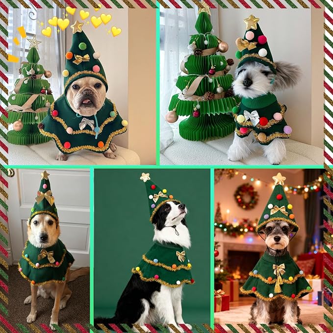 Large Dog Christmas Costumes Green Xmas Pet Cloak 2PCS Santa Cape Hat Christmas Tree Outfit Winter Warm Coat Pet Elf Clothes for Medium Large Dogs Holiday Party Dress (Christmas Tress Green, Medium)
