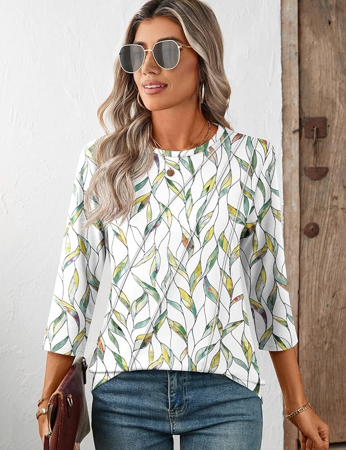 LOMON 3/4 Length Sleeve Womens Tops Spring Summer Fashion 2026 Tops Crew Neck Pleated Shirts Tunic Top Loose Fit