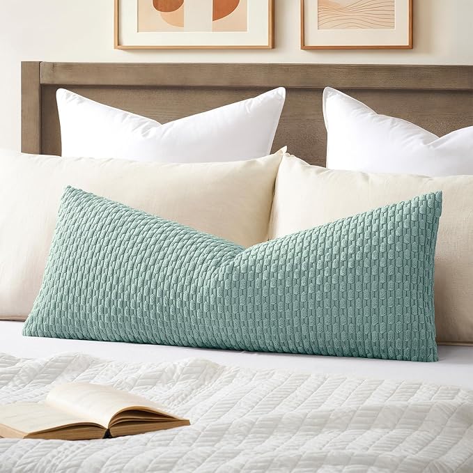 Kevin Textile Soft Corduroy 20"x54" Body Pillow Cover 1 Pack, Dusty Green | Boho Stripe Plush Corduroy Decorative Oblong Cushion Cover Modern Farmhouse Home Decor for Sofa Couch Bed Chair