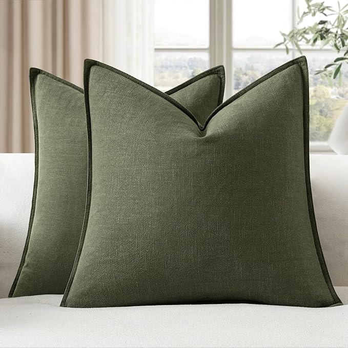 EMEMA Euro Decorative Linen Throw Pillow Covers 26x26 Inch Dark Olive Green | Sham Boho Farmhouse Neutral Couch Throw Pillows for Bed Pack of 2 Accent Pillowcase Modern Sofa Cushion Livingroom Home Decor