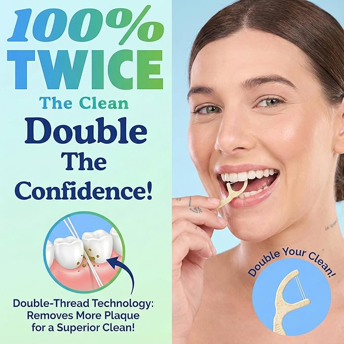 Twin Line Biodegradable Floss Picks (220 Count) - Compostable Tooth Flossers Minty Fresh-Double Thread 2X The Clean | Bonus Travel Case | Thing Thread Glide Easy & Shred-Resistant