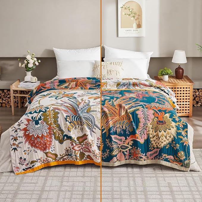 Boho Throw Blanket Farmhouse Decor Throw Blanket Bohemian Blanket for Bed 100% Cotton Muslin Woven Couch Blanket All Seasons Quilt Bedroom (J-Beige, 60"x80")
