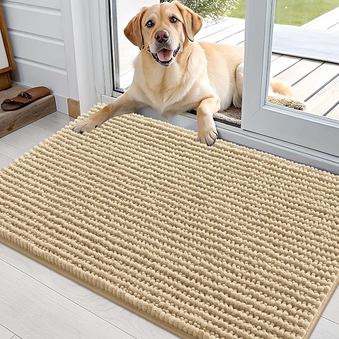 OLANLY Dog Door Mat for Muddy Paws 36x24, Extra Absorbent Chenille Mud Mat | Beige, Absorbs Moisture and Dirt, Non-Slip Machine Washable Doormat, Quick-Drying Indoor Entryway Floor Mat for Dogs