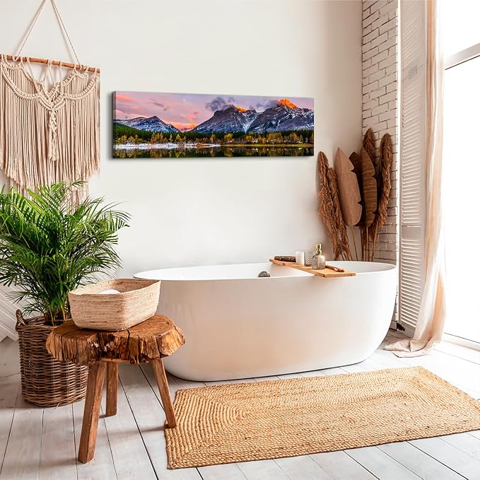 Sunset Landscape Canvas Wall Art for Living Room Wall Decor Snow Mountain Forest River Nature National Park Scenery Picture Prints Framed Artwork for Bedroom Bathroom Office Home Decoration 14x48"
