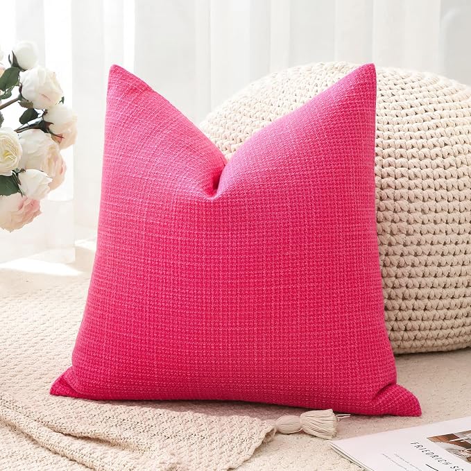 OTOSTAR Linen Throw Pillow Cover Set of 1 Decorative Square Pillowcases Cushion Covers 18x18 Inch for Home Decor Sofa Bedroom Car 45 x 45CM Hot Pink