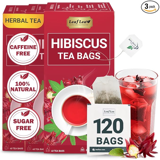 LeafLea 120 Hibiscus Tea Bags, Rich Flavor & Color, 120 Count | 100% Pure Natural Red Hibiscus Flower, Te De Hibisco, Caffeine-Free, Sugar-Free, Vegan, Non-GMO, Convenient 3 Pack