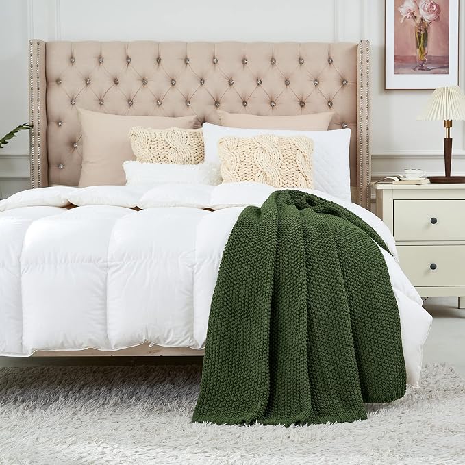 Chunky Cable Knit Throw Blanket Lightweight Olive Green 100% Organic Cotton Blanket for Sofa Couch Bed Baby Nursery, Rustic Shabby Chic Modern Farmhouse, 60” x 80” Give Laundering Bag