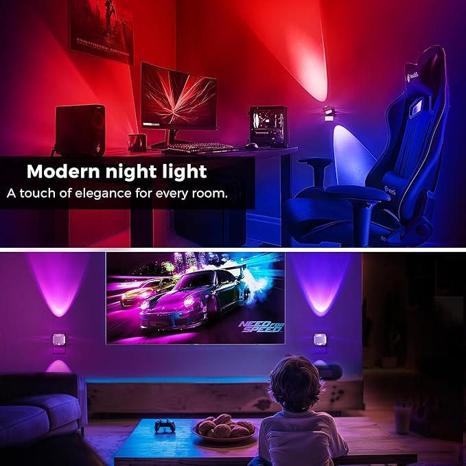 L LOHAS LED Night Light, Color Changing Night Lights Plug into Wall RGB | Rotating White Nightlight, Dusk to Dawn Sensor, RGB Rainbow Nightlights Projector for Bathroom, Gaming Room, Decor, 2 Pack