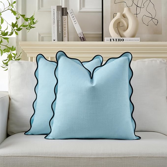 Scalloped Throw Pillow Covers Set of 2 for Living Room, Boho Sytle Decorative Home (Blue & Teal, 18x18 Inch)