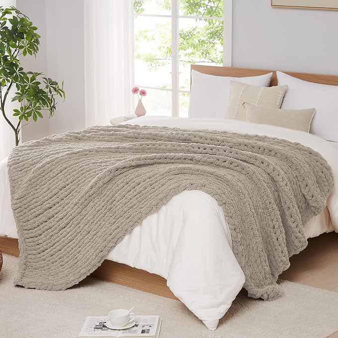 L'AGRATY Chunky Knit Throw Blanket for Couch, 80 x 90 Inches, Light Linen | Handmade Chenille Crochet Blanket for Sofa Bed, Thick Cable Knitted Blankets for Room Home Decor, Birthday Gift for Women Mom