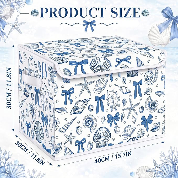 Briwooody Beach Storage Bin with Lid and Carrying Handle Coastal Blue Bow Seashell Foldable Storage Box Summer Bachelorette Party Decorative Collapsible Container Basket for Closet Home Bedroom Gift