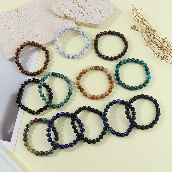 FIRAZIO 12Pcs 8mm Gemstones Beaded Stretch Bracelet for Women Crystal Stone Bracelets Round Beads Semi-Precious Stretch Bracelet Set Unisex
