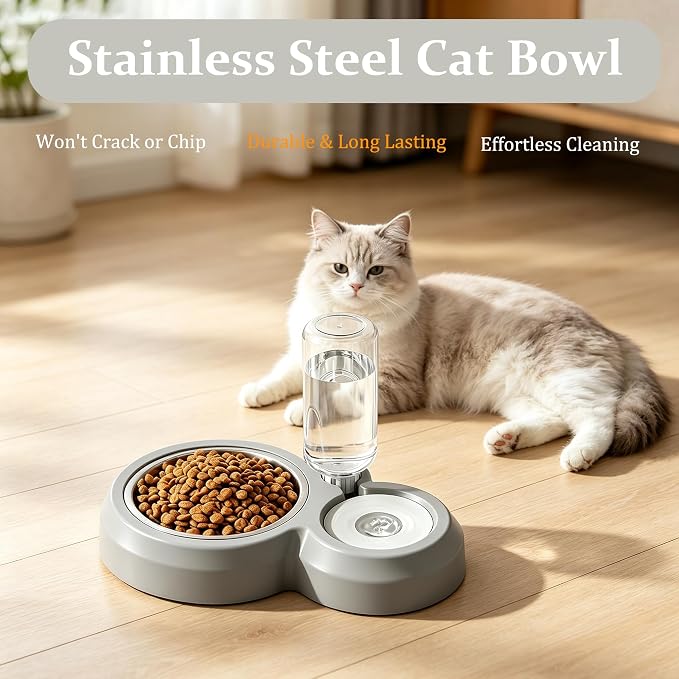 YSHOME&PET Double Dog Bowls, Cat Food & Water Bowl Set with Water Dispenser | Detachable Durable Stainless Steel Bowl Gravity Feeder for Small or Medium Size Dogs Cats Kittens Rabbits Bunny Easy to Clean