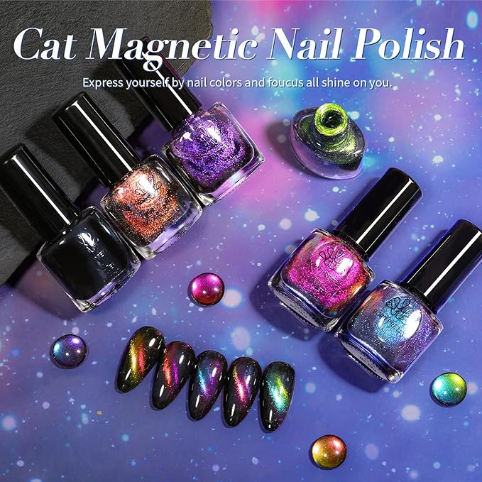 Born Pretty Cat Magnetic Eye Nail Polish Set,5 Colors Quick Dry Holographic Chameleon Cat Magnetic Eye Nail Lacquer Galaxy Effect with Black Nail Polish Magnet Stick,Manicure Home Gift for Women
