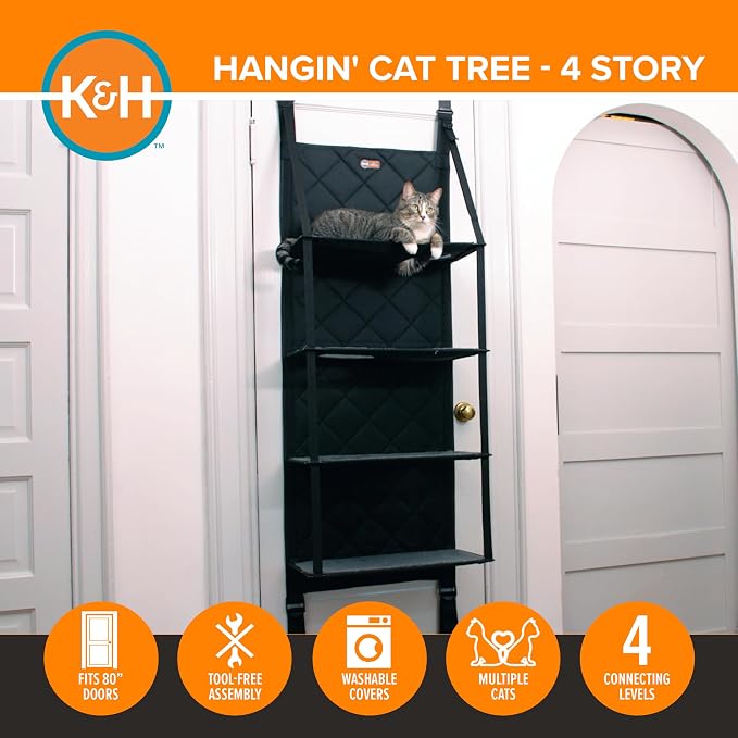 K&H Door Cat Tree, Over the Door Cat Furniture - Gray, Fits Doors <80in H | Space Saving Multi-Level Wall Perch Hammock Bed, Interconnecting Levels, Collapsible, Tool-Free Assembly